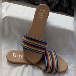 🆕 Women's SIZE 9 Rainbow Stripe Fabric Slip On Flat Sandals